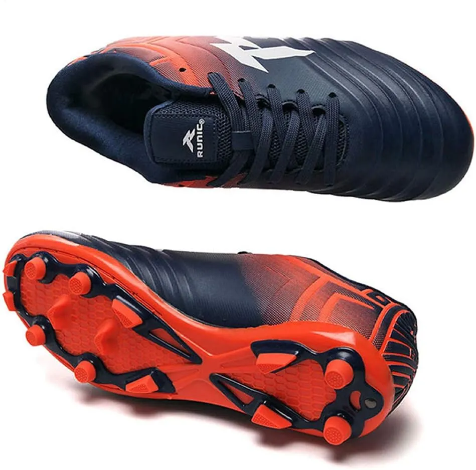 RUNIC Soccer Cleats for Men and Boys – Firm Ground Cleats with Multi-Shaped Studs - Textured Forefoot- Soft Lining -Flexible Upper - Reinforced Stitching - Black/Gold - 6