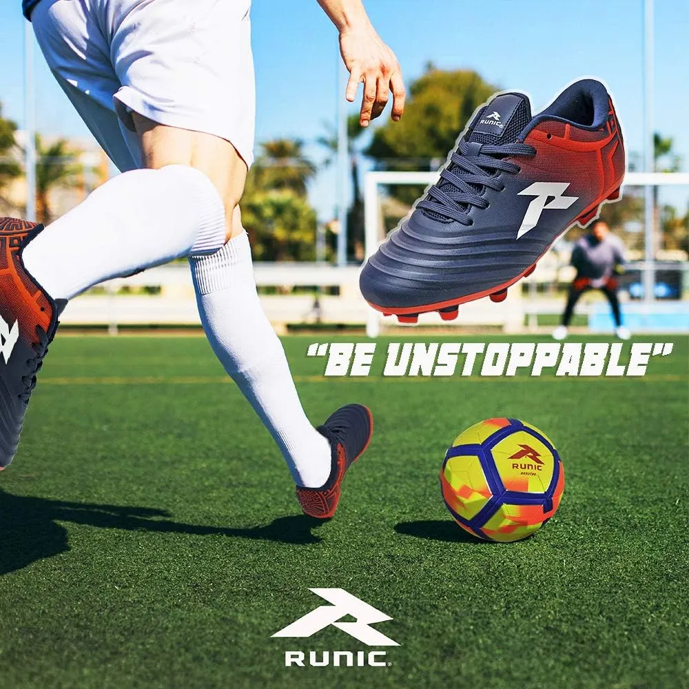 RUNIC Soccer Cleats for Men and Boys – Firm Ground Cleats with Multi-Shaped Studs - Textured Forefoot- Soft Lining -Flexible Upper - Reinforced Stitching - Black/Gold - 6