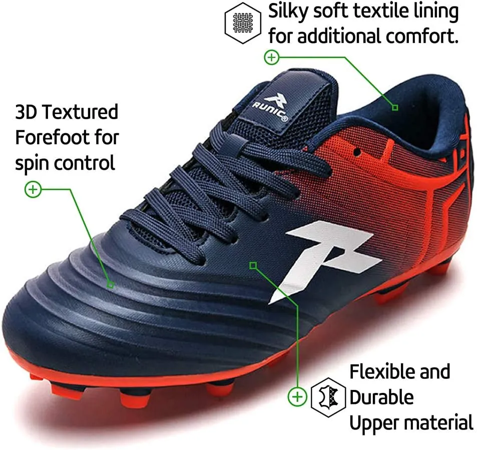 RUNIC Soccer Cleats for Men and Boys – Firm Ground Cleats with Multi-Shaped Studs - Textured Forefoot- Soft Lining -Flexible Upper - Reinforced Stitching - Black/Gold - 6