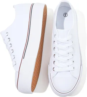 SERNIAL Womens White Platform Sneakers Low Top Platform Shoes Black Canvas Shoes for Women