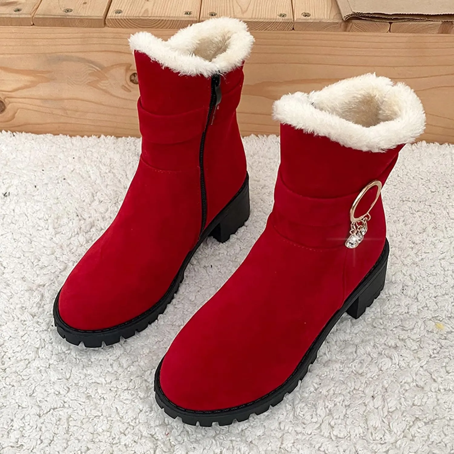 Snow Boots for Women Mid Calf Boots Non-Slip Sole Solid Color Plush Warm Suede Side Zipper Rhinestone Snow Boots