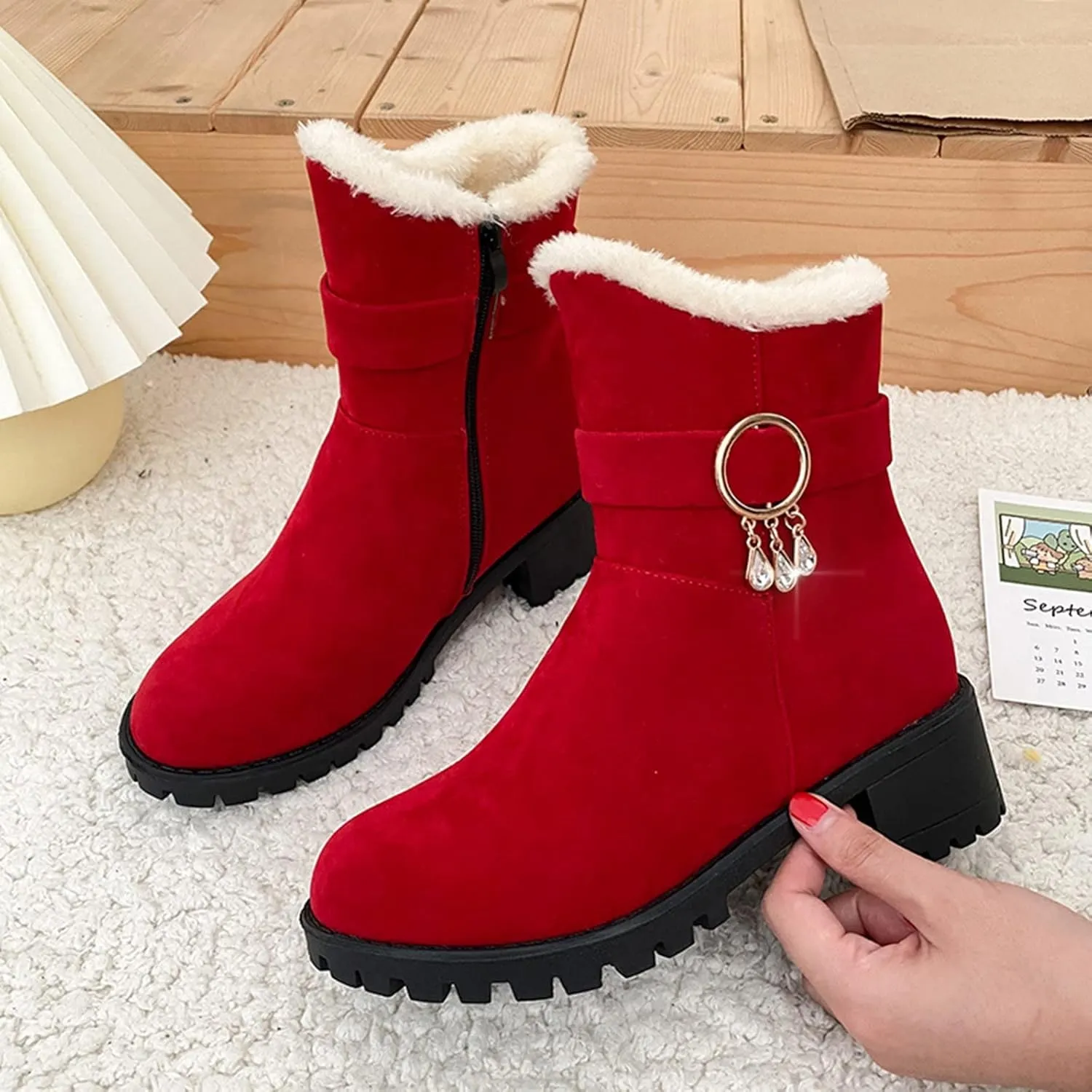 Snow Boots for Women Mid Calf Boots Non-Slip Sole Solid Color Plush Warm Suede Side Zipper Rhinestone Snow Boots