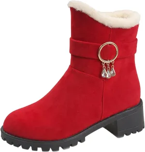 Snow Boots for Women Mid Calf Boots Non-Slip Sole Solid Color Plush Warm Suede Side Zipper Rhinestone Snow Boots