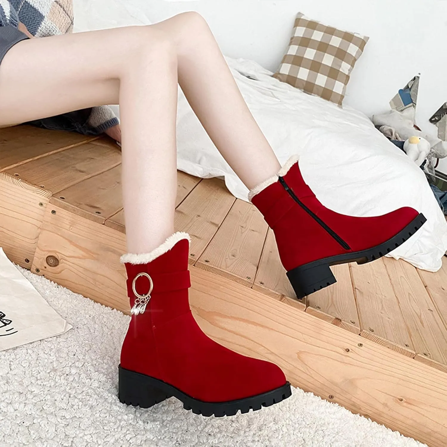 Snow Boots for Women Mid Calf Boots Non-Slip Sole Solid Color Plush Warm Suede Side Zipper Rhinestone Snow Boots