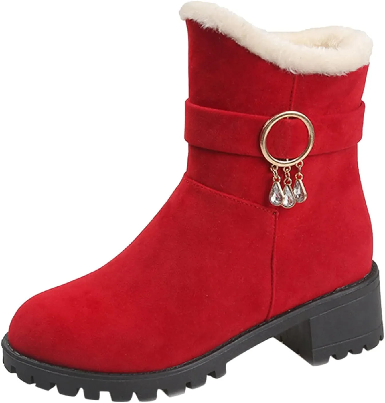 Snow Boots for Women Mid Calf Boots Non-Slip Sole Solid Color Plush Warm Suede Side Zipper Rhinestone Snow Boots