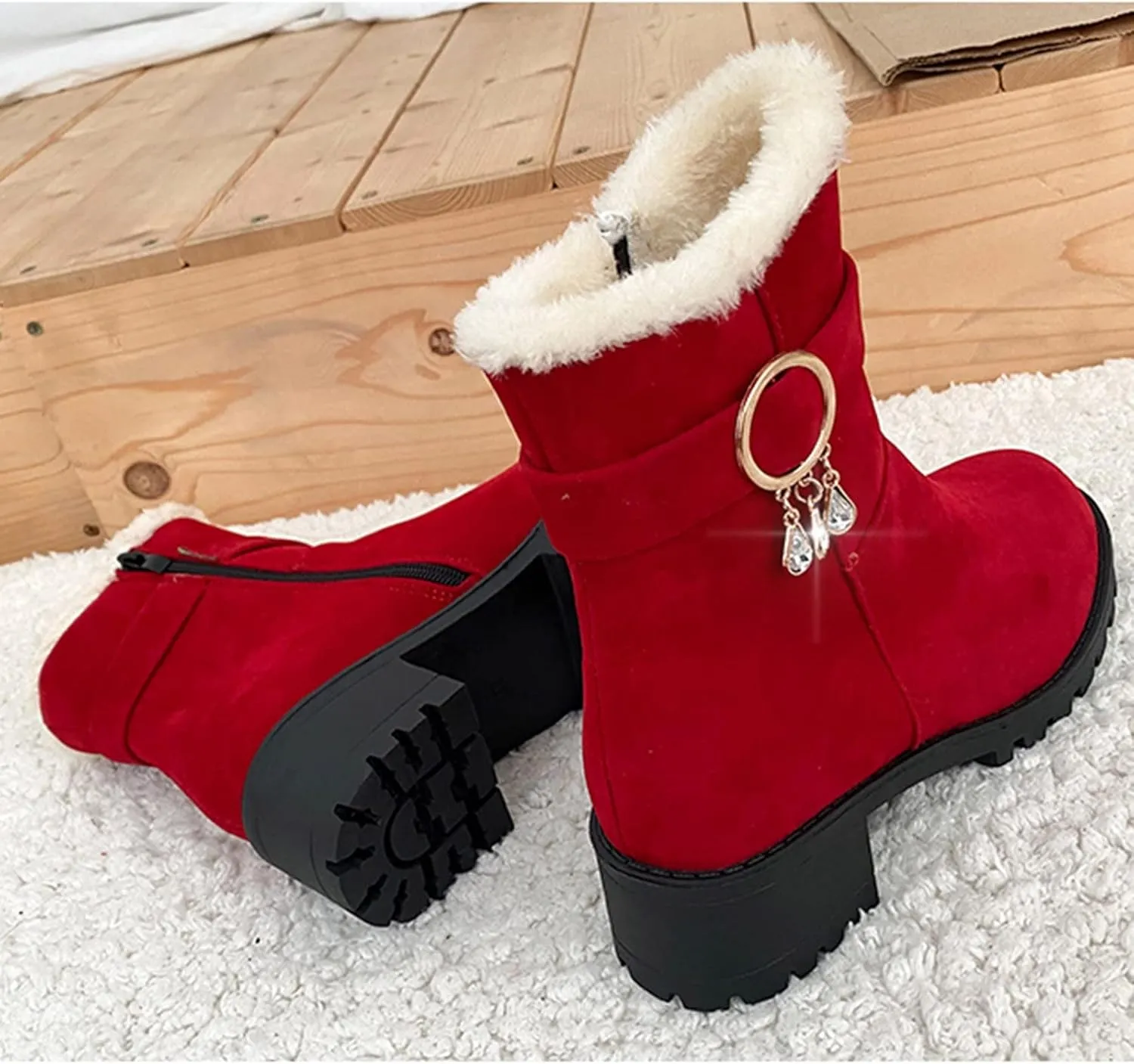 Snow Boots for Women Mid Calf Boots Non-Slip Sole Solid Color Plush Warm Suede Side Zipper Rhinestone Snow Boots