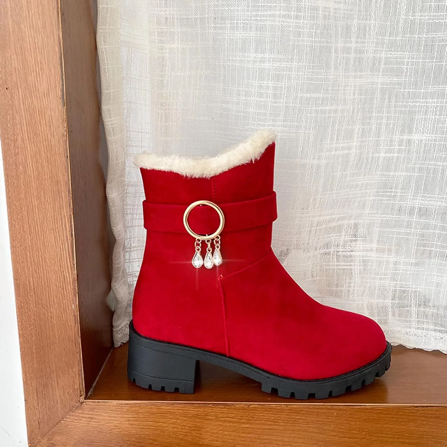 Snow Boots for Women Mid Calf Boots Non-Slip Sole Solid Color Plush Warm Suede Side Zipper Rhinestone Snow Boots