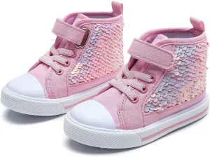 Toddler Girls Sneakers Kids High Top Casual Canvas Shoes with Sparkle Color Change Flipping Sequins