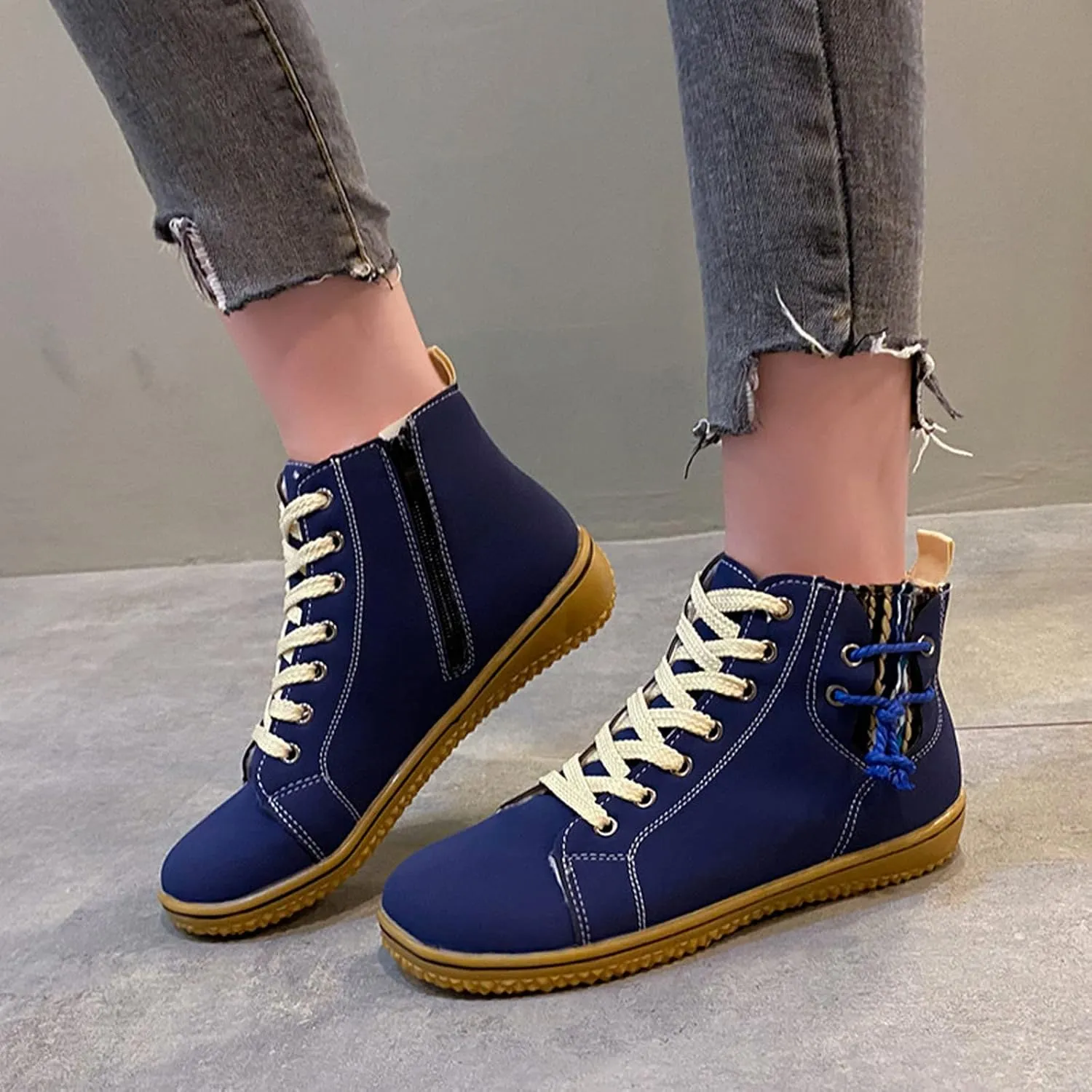 Vintage High Top Sneakers for Women Flat Heeled Ankle Boots Side Zipper Outdoor Lace-up Hiking Cross Country Shoes