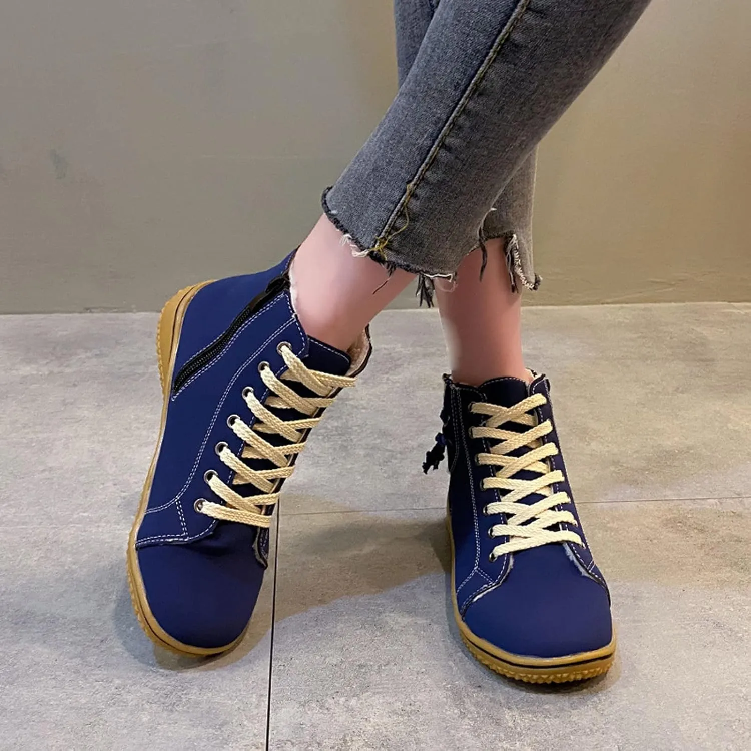 Vintage High Top Sneakers for Women Flat Heeled Ankle Boots Side Zipper Outdoor Lace-up Hiking Cross Country Shoes