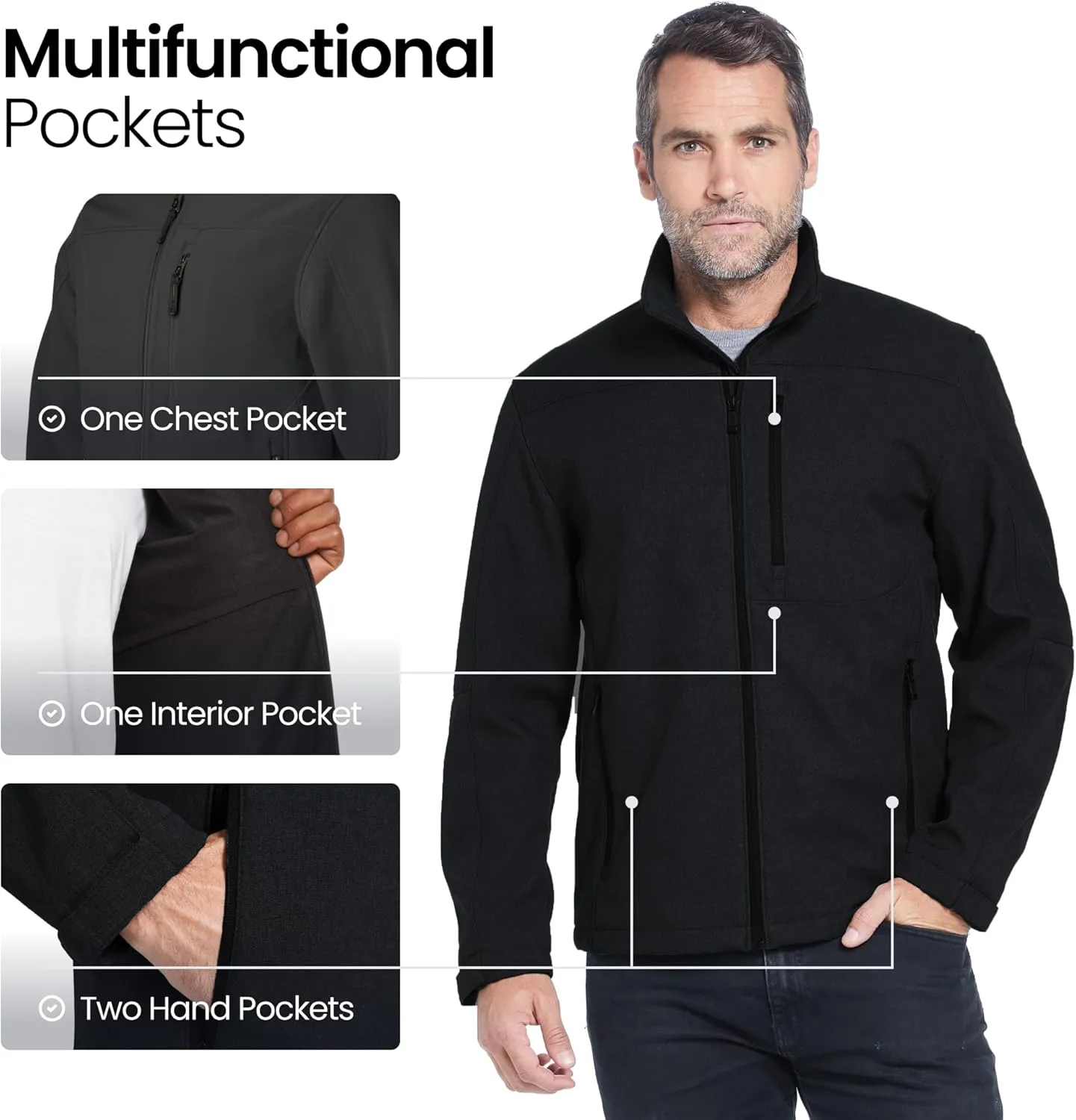 Weatherproof Midweight Soft Shell Jackets for Men - Mens Water Resistant Windbreaker with Stand Collar (S-3XL)