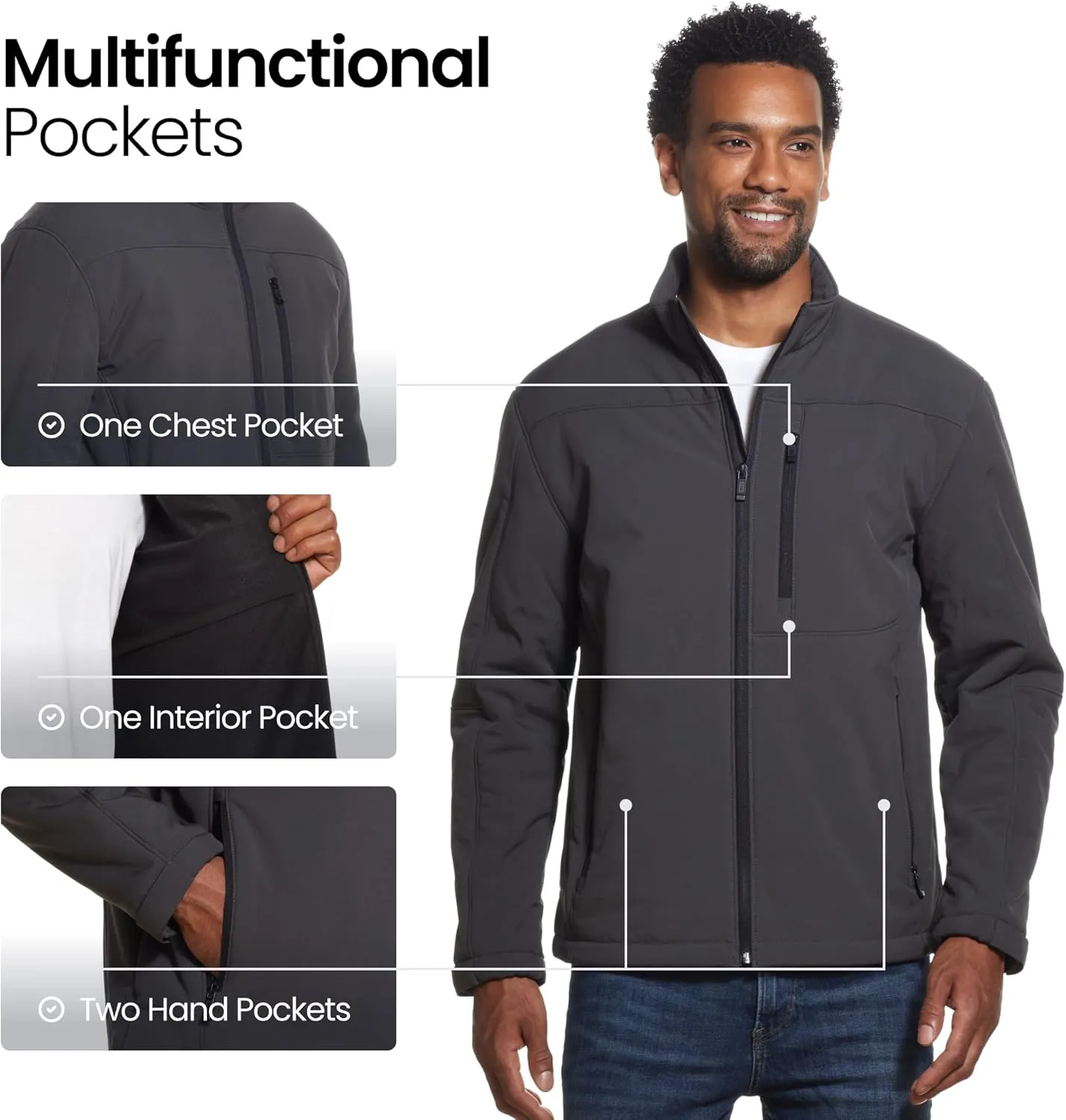 Weatherproof Midweight Soft Shell Jackets for Men - Mens Water Resistant Windbreaker with Stand Collar (S-3XL)