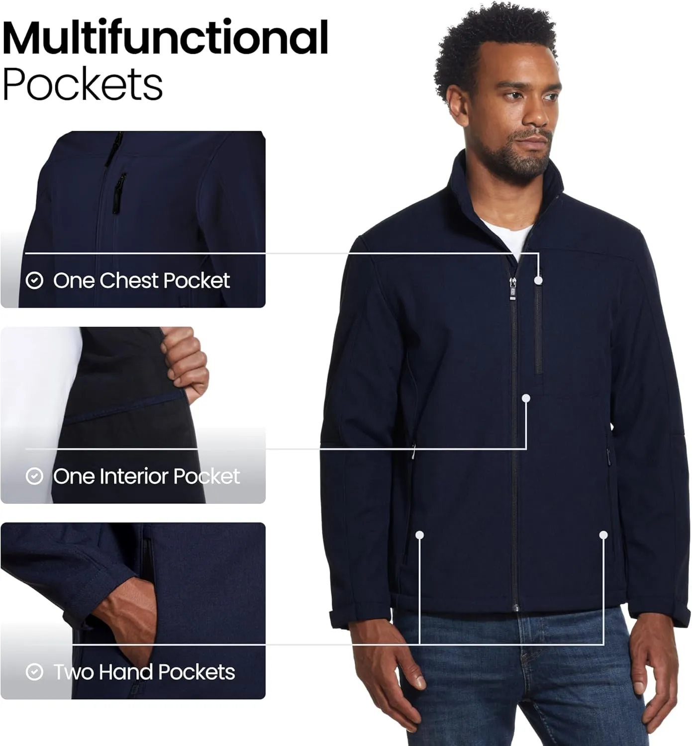 Weatherproof Midweight Soft Shell Jackets for Men - Mens Water Resistant Windbreaker with Stand Collar (S-3XL)