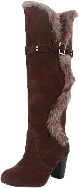 wodceeke Women's Winter Warm Knee High Boots Fur Lined Snow Boots Chunky High Heel Wide Width Buckle Suede Boots
