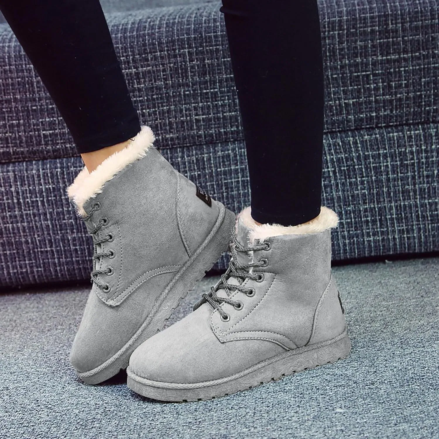 Women Snow Ankle Boots Plush Lined Mid Calf Boots For Women Soft Sole Flat Shoes Lace Up Hiking Boots Women