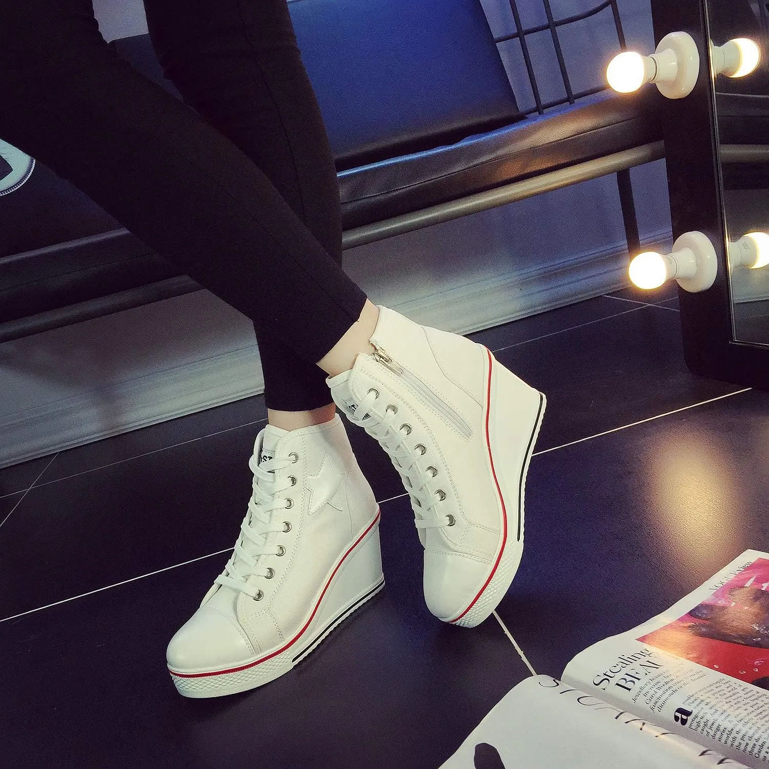 Women's Canvas High-Heeled Shoes Fashion Sneakers Casual Shoes for Walking Platform Wedges Pump Shoes
