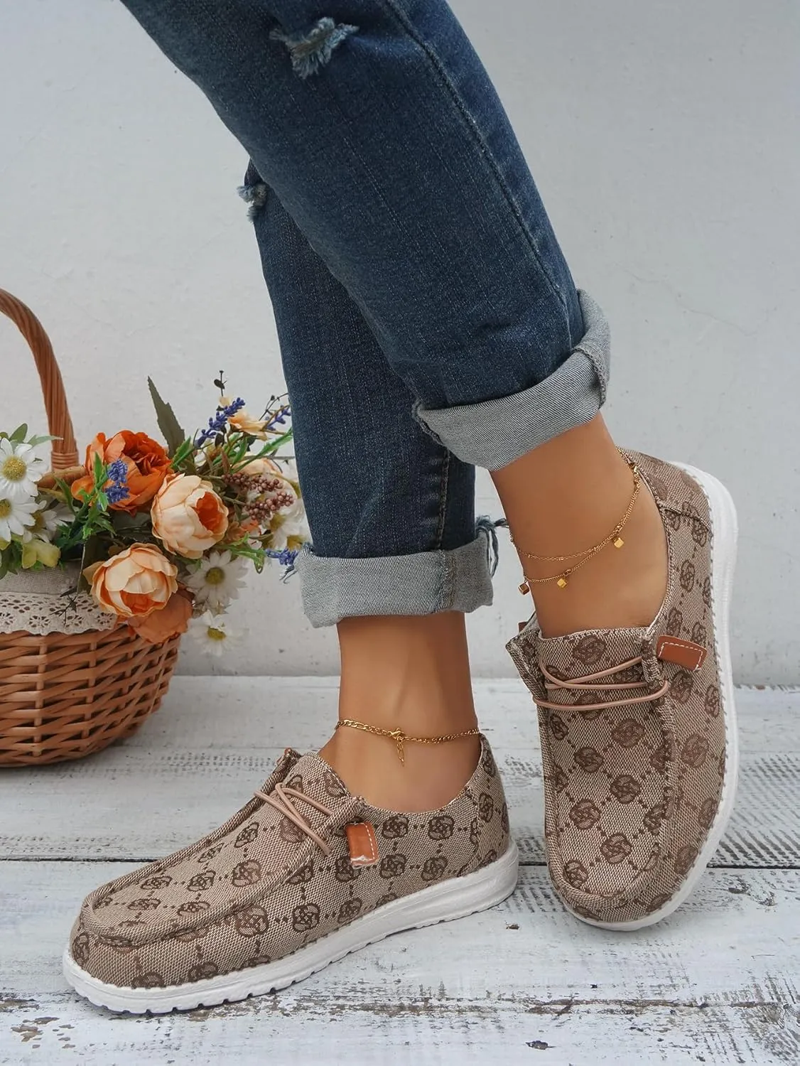 Women's Floral Pattern Canvas Loafer Shoes Ethnic Lace-up Slip-on Walking Sneakers Lightweight Breathable Arch Support Boat Shoes Comfy Unisex Footwear for Women/Men Adult/Teenagers, Pink/Blue/Brown