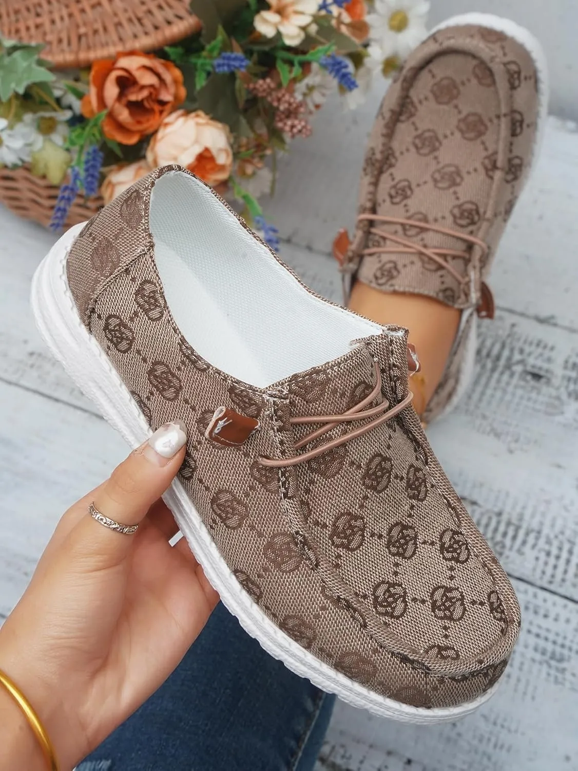 Women's Floral Pattern Canvas Loafer Shoes Ethnic Lace-up Slip-on Walking Sneakers Lightweight Breathable Arch Support Boat Shoes Comfy Unisex Footwear for Women/Men Adult/Teenagers, Pink/Blue/Brown