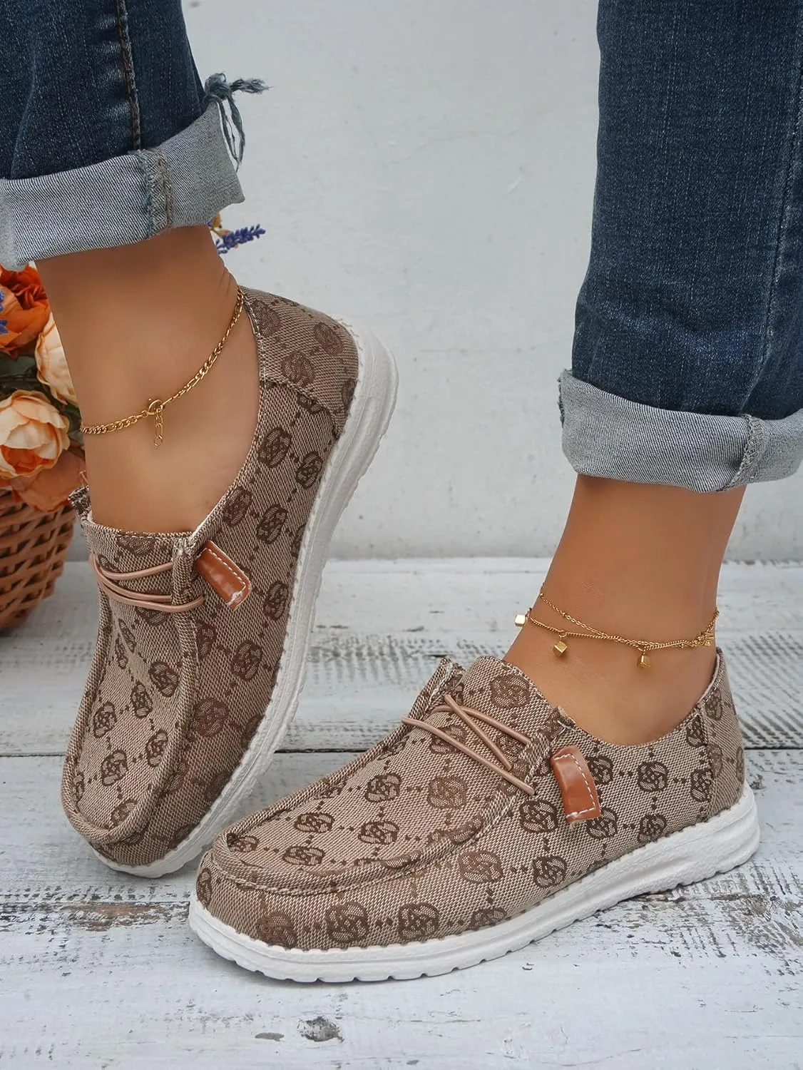 Women's Floral Pattern Canvas Loafer Shoes Ethnic Lace-up Slip-on Walking Sneakers Lightweight Breathable Arch Support Boat Shoes Comfy Unisex Footwear for Women/Men Adult/Teenagers, Pink/Blue/Brown