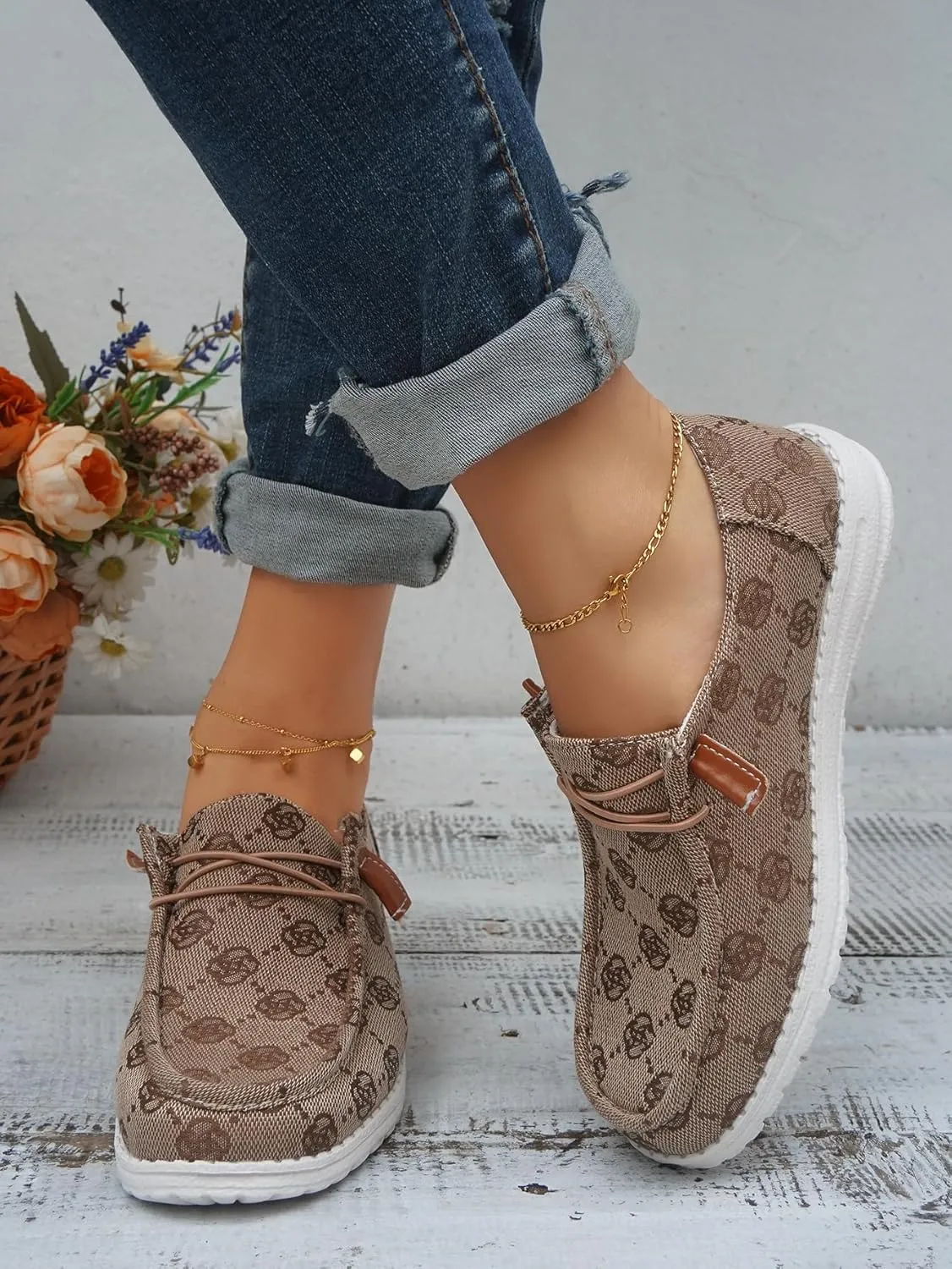 Women's Floral Pattern Canvas Loafer Shoes Ethnic Lace-up Slip-on Walking Sneakers Lightweight Breathable Arch Support Boat Shoes Comfy Unisex Footwear for Women/Men Adult/Teenagers, Pink/Blue/Brown