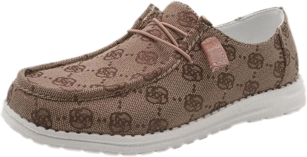 Women's Floral Pattern Canvas Loafer Shoes Ethnic Lace-up Slip-on Walking Sneakers Lightweight Breathable Arch Support Boat Shoes Comfy Unisex Footwear for Women/Men Adult/Teenagers, Pink/Blue/Brown