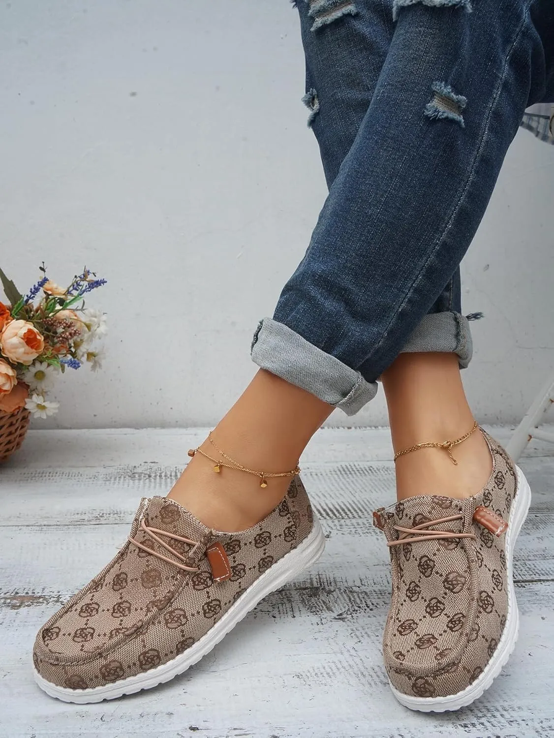 Women's Floral Pattern Canvas Loafer Shoes Ethnic Lace-up Slip-on Walking Sneakers Lightweight Breathable Arch Support Boat Shoes Comfy Unisex Footwear for Women/Men Adult/Teenagers, Pink/Blue/Brown