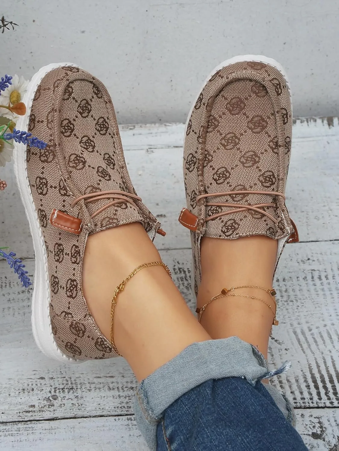 Women's Floral Pattern Canvas Loafer Shoes Ethnic Lace-up Slip-on Walking Sneakers Lightweight Breathable Arch Support Boat Shoes Comfy Unisex Footwear for Women/Men Adult/Teenagers, Pink/Blue/Brown