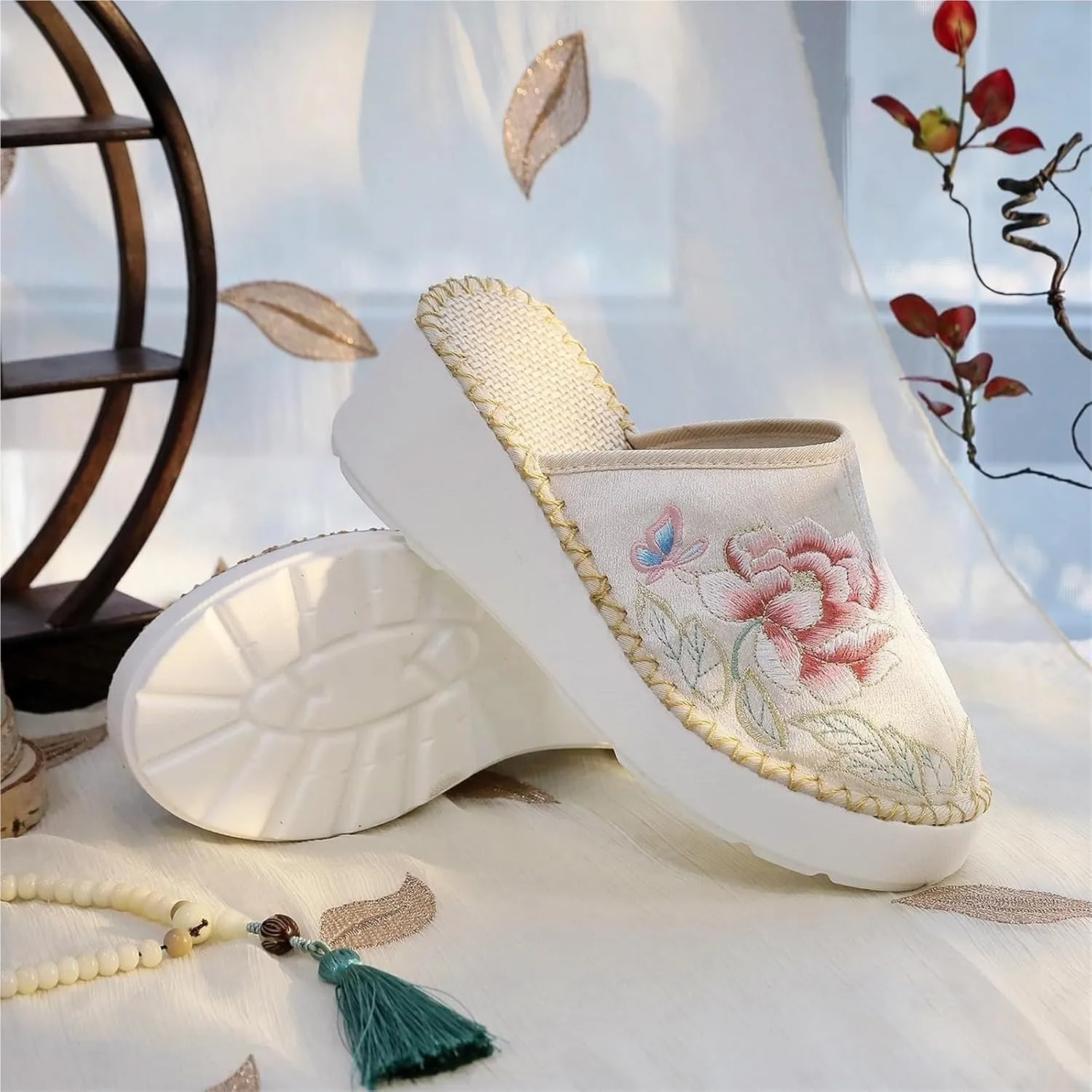 Women's Thick Sole Slide Sandals Cute Embroidery Breathable Canvas Wedge Flats Slippers Comfy Platform Mule Shoes