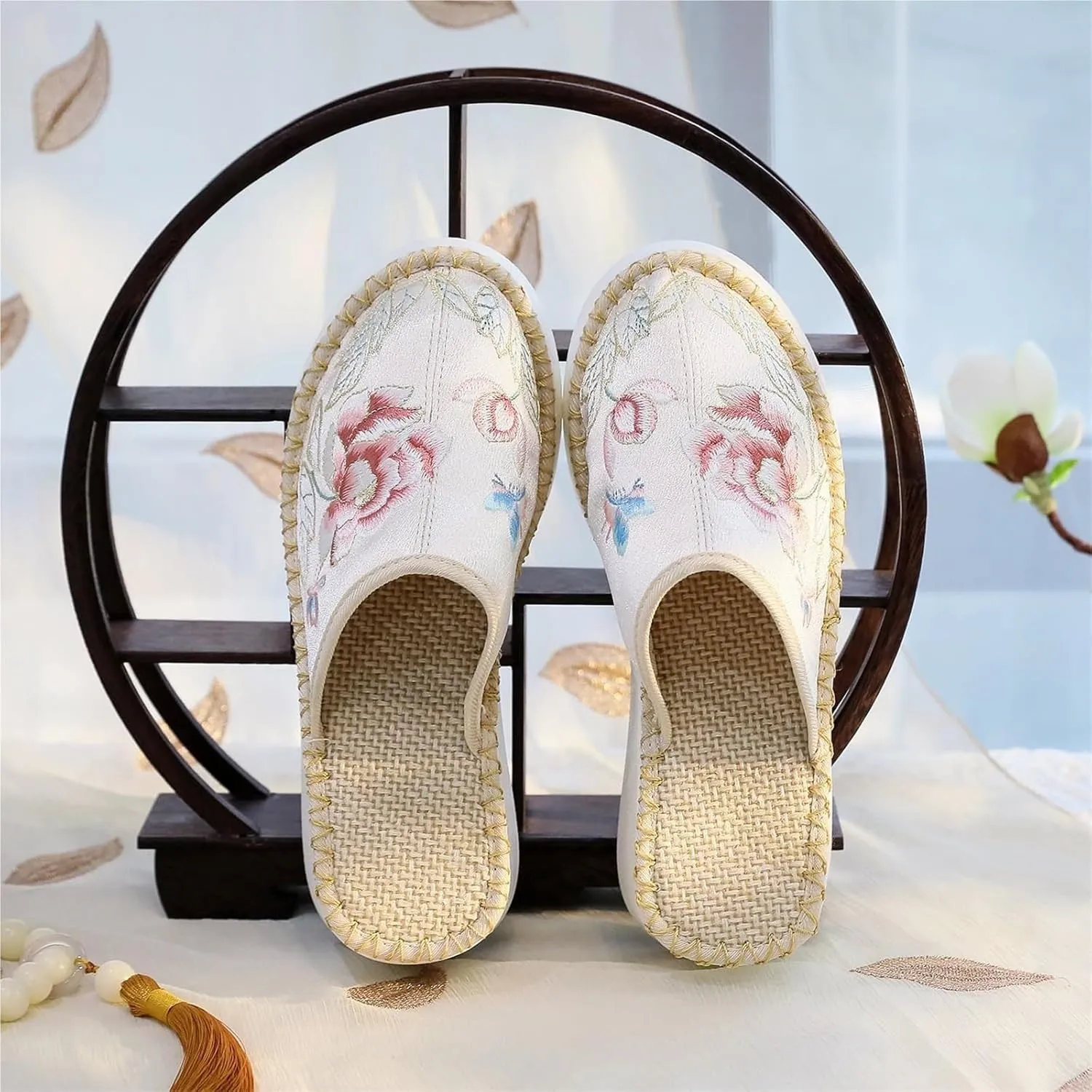 Women's Thick Sole Slide Sandals Cute Embroidery Breathable Canvas Wedge Flats Slippers Comfy Platform Mule Shoes