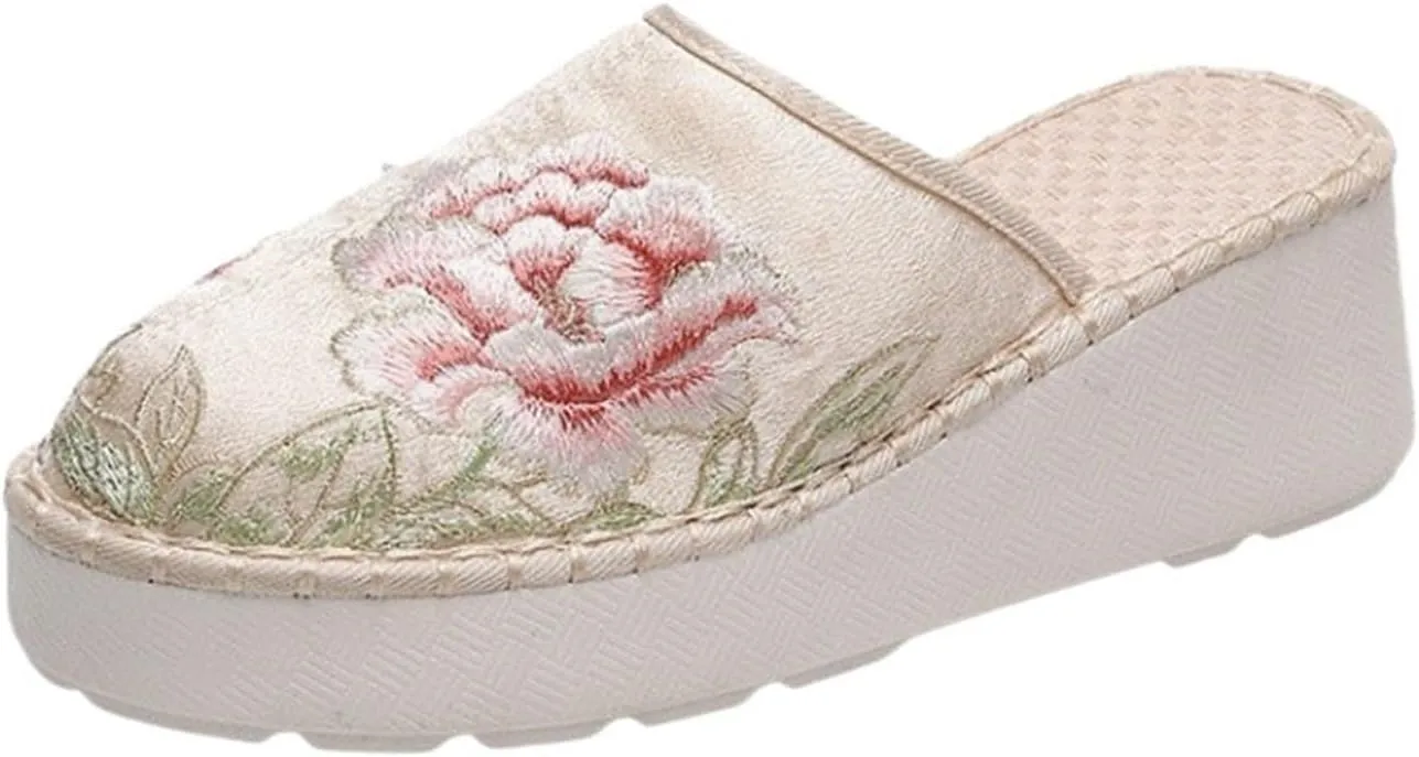 Women's Thick Sole Slide Sandals Cute Embroidery Breathable Canvas Wedge Flats Slippers Comfy Platform Mule Shoes