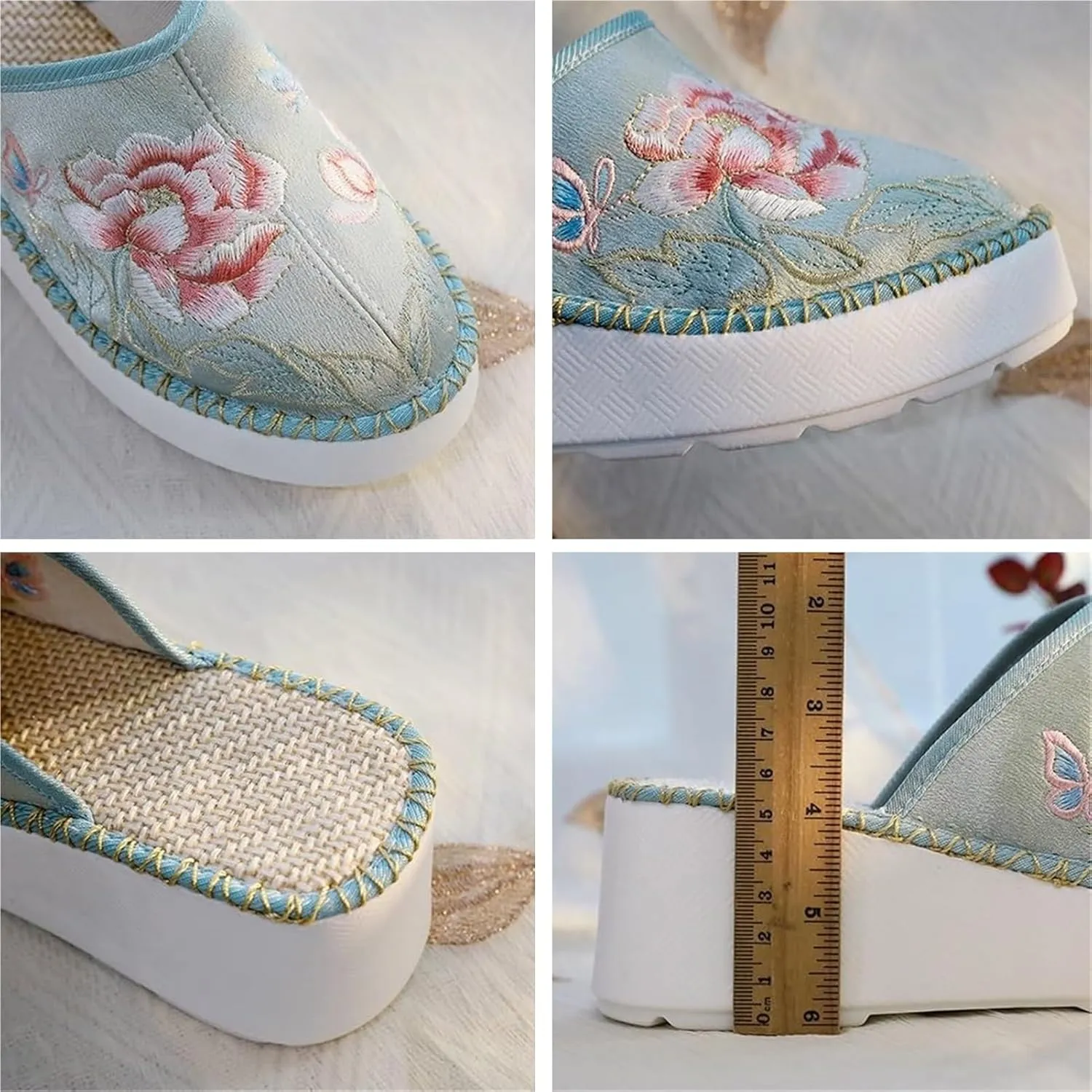 Women's Thick Sole Slide Sandals Cute Embroidery Breathable Canvas Wedge Flats Slippers Comfy Platform Mule Shoes