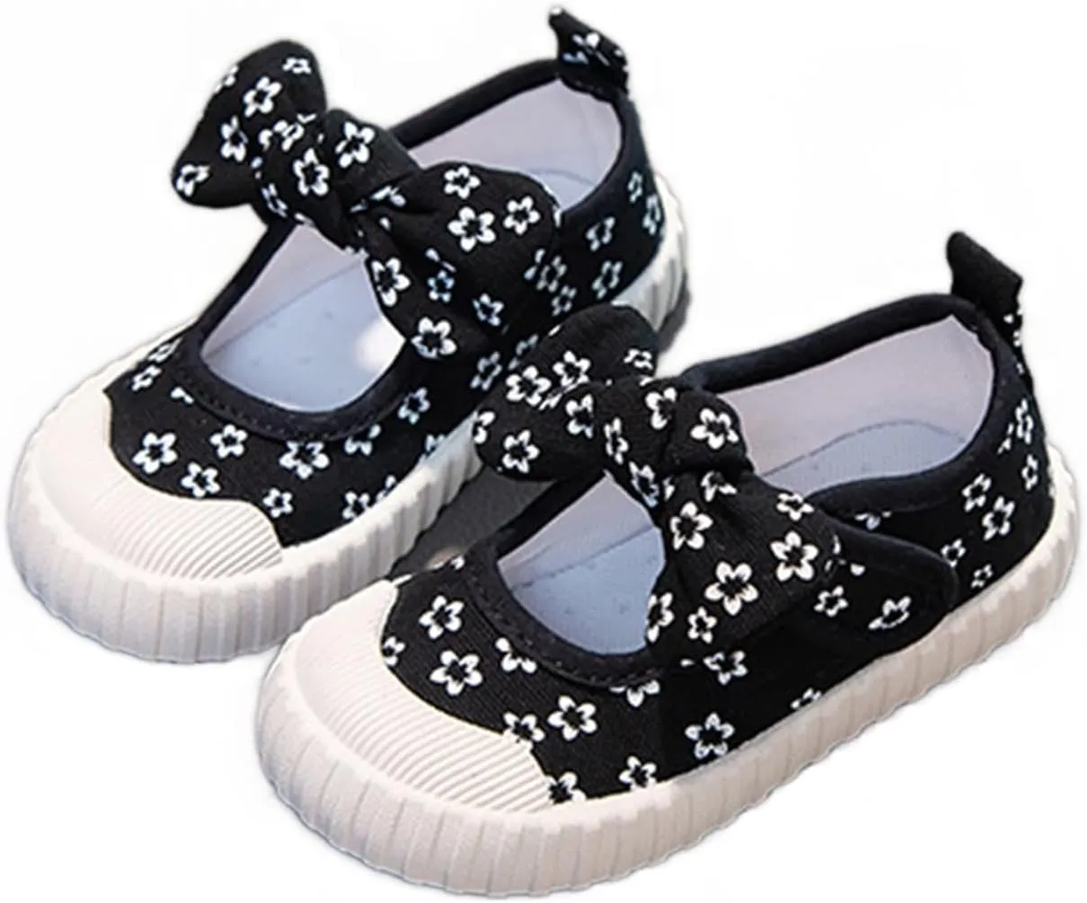 YIBLBOX Toddler Girl's Mary Jane Flat Shoes Canvas Bowknot Sneakers for Kids School Uniform Casual Soft Walking Dress Shoes