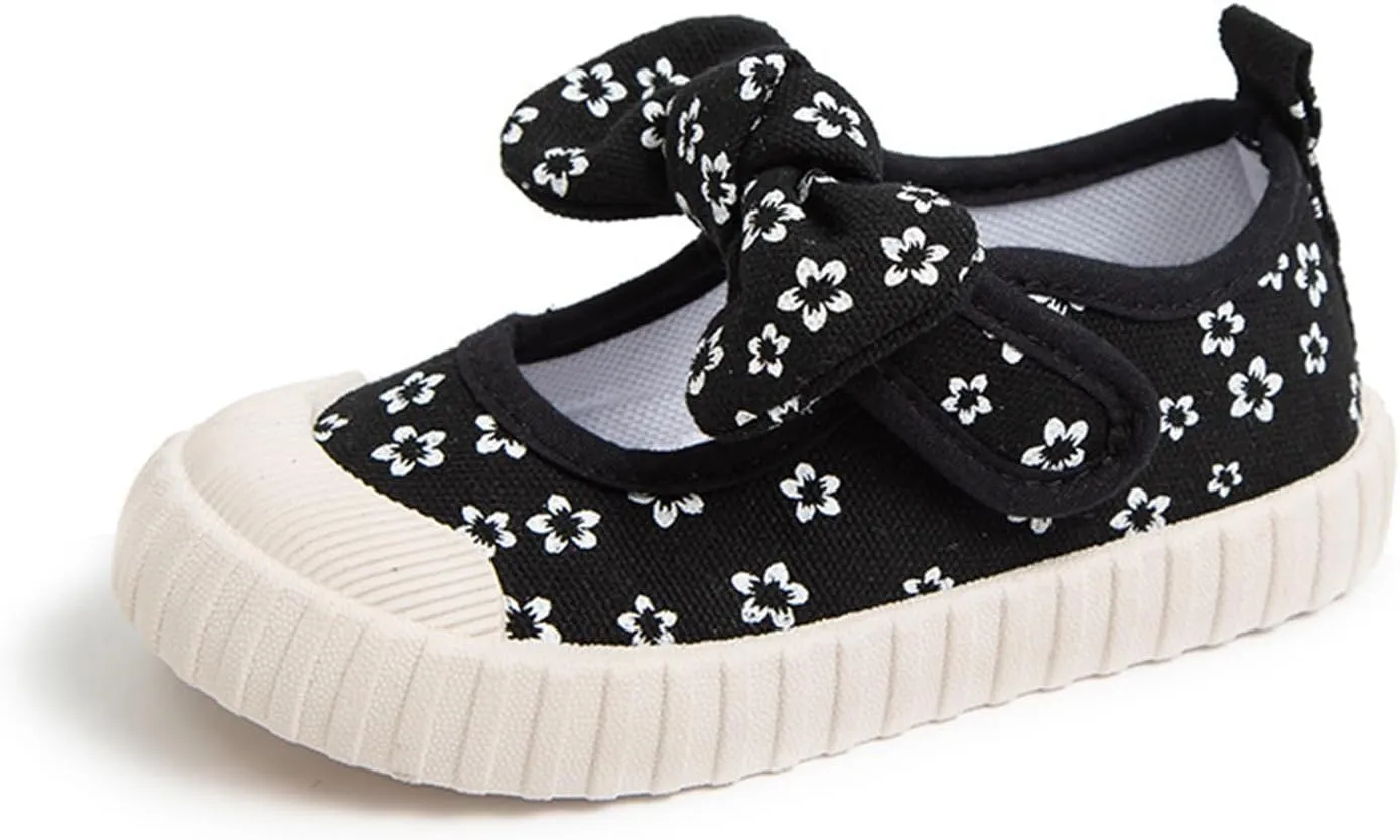 YIBLBOX Toddler Girl's Mary Jane Flat Shoes Canvas Bowknot Sneakers for Kids School Uniform Casual Soft Walking Dress Shoes