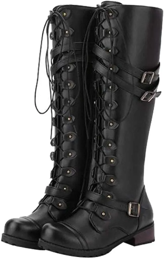 ZDLJYL Women Knee High Boots Autumn & Winter Fashion Lace Up with Buckle Mid-Calf Knight Boot Vintage Round Toe Side Zipper Boots