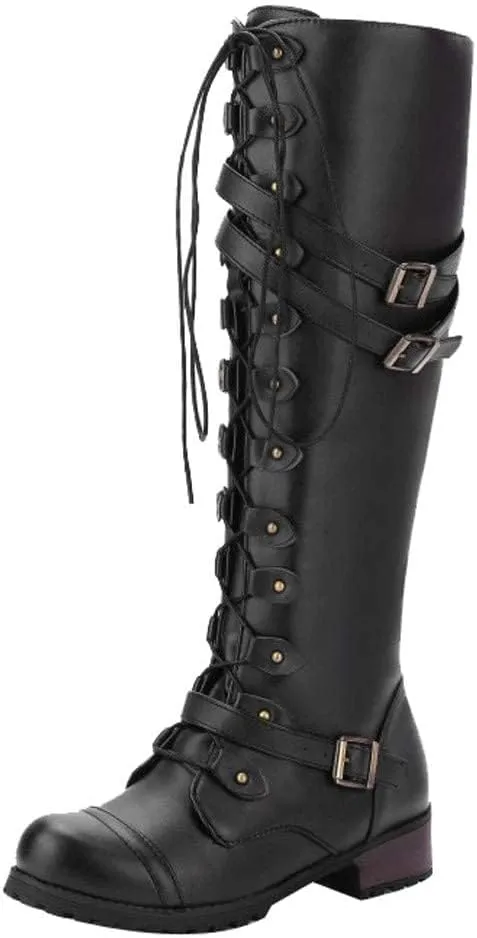 ZDLJYL Women Knee High Boots Autumn & Winter Fashion Lace Up with Buckle Mid-Calf Knight Boot Vintage Round Toe Side Zipper Boots