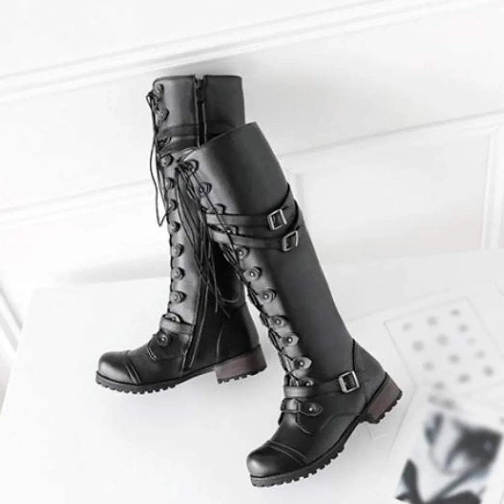 ZDLJYL Women Knee High Boots Autumn & Winter Fashion Lace Up with Buckle Mid-Calf Knight Boot Vintage Round Toe Side Zipper Boots
