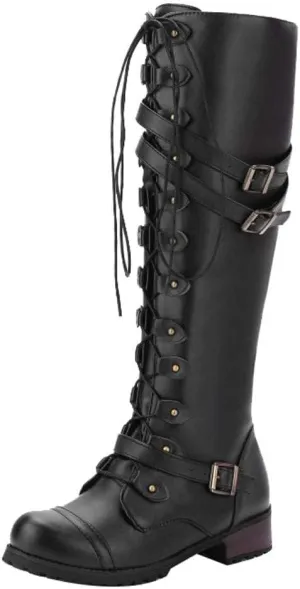 ZDLJYL Women Knee High Boots Autumn & Winter Fashion Lace Up with Buckle Mid-Calf Knight Boot Vintage Round Toe Side Zipper Boots