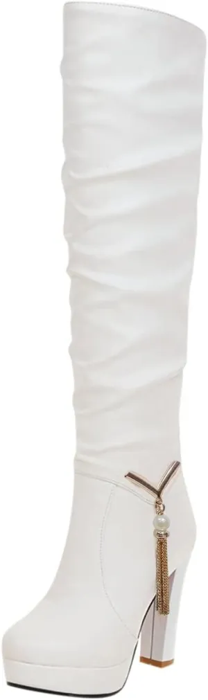 ZDLJYL Women's Thigh High Over The Knee Fashion Boots Block Mid Heel Long Sexy Faux Fur Boots Platform Knee High Boots