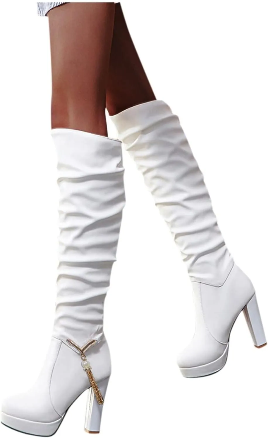 ZDLJYL Women's Thigh High Over The Knee Fashion Boots Block Mid Heel Long Sexy Faux Fur Boots Platform Knee High Boots