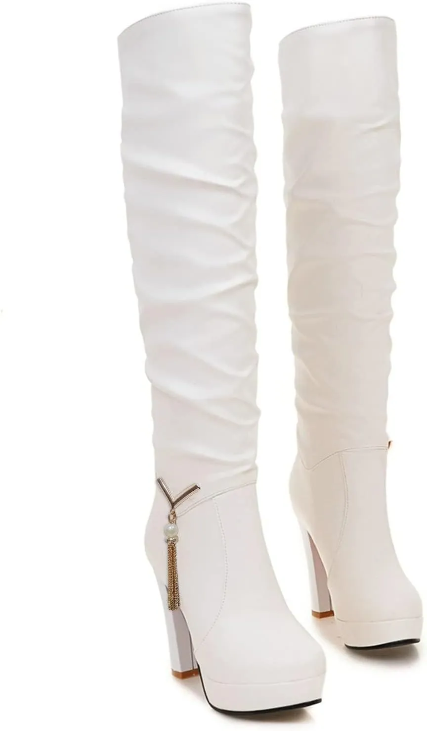 ZDLJYL Women's Thigh High Over The Knee Fashion Boots Block Mid Heel Long Sexy Faux Fur Boots Platform Knee High Boots